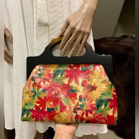 Handmade Genuine Leather Floral Print Large wooden Frame Bag & 2 Strap Styles - Picture 6 of 15